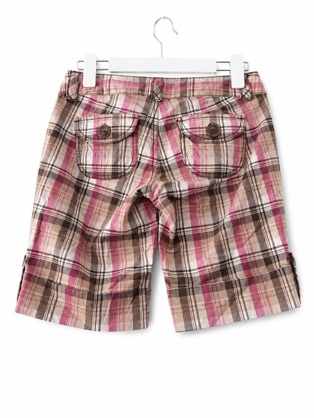 Guess Pink Brown Plaid Low Rise Stretch Bermuda Cargo Button Tab Shorts Y2K 24 - Picture 2 of 4